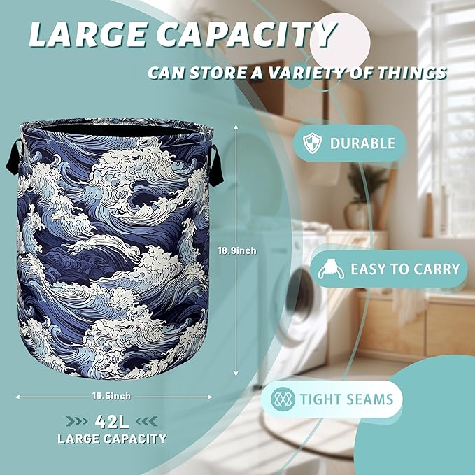Vintage Sea Waves Laundry Basket With Handles Oxford Cloth Tote Bag Colorful Laundry Hamper 18.9"x16.5 "Foldable Clothes Storage Bucket Toy Organizer For Bathroom/Laundry/Bedroom