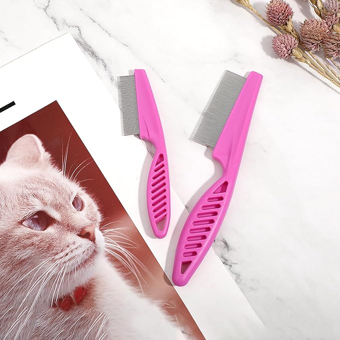 TIESOME Pet Hair Comb Tear Stain Removal,2 Pack Multifunctional Pets Grooming Comb Kit 2 in 1 Dog Combs Stainless Grooming Massage Dual-Sided Comb for Knots Crust Floating Hair Tangle Fleas(Pink)
