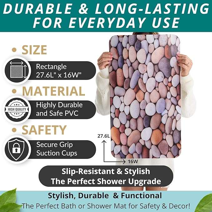 ENKOSI Non Slip Bath Mat for Tub and Shower Floors – Anti Slip Shower Mat with Strong Secure Grip – Unique Pebble Stone Print Bathroom Mat for Inside Bathtub and Smooth Stalls (28x16 Pebble Stone)
