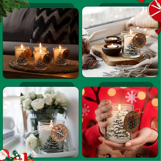 12 Pack Christmas Trees Clear Candle Jars for Making Candles 7 oz Empty Glass Jars with Wood Lids and Blessing Card Xmas Pine Candle Containers for DIY Gifts Home Tea Party Holiday Decor