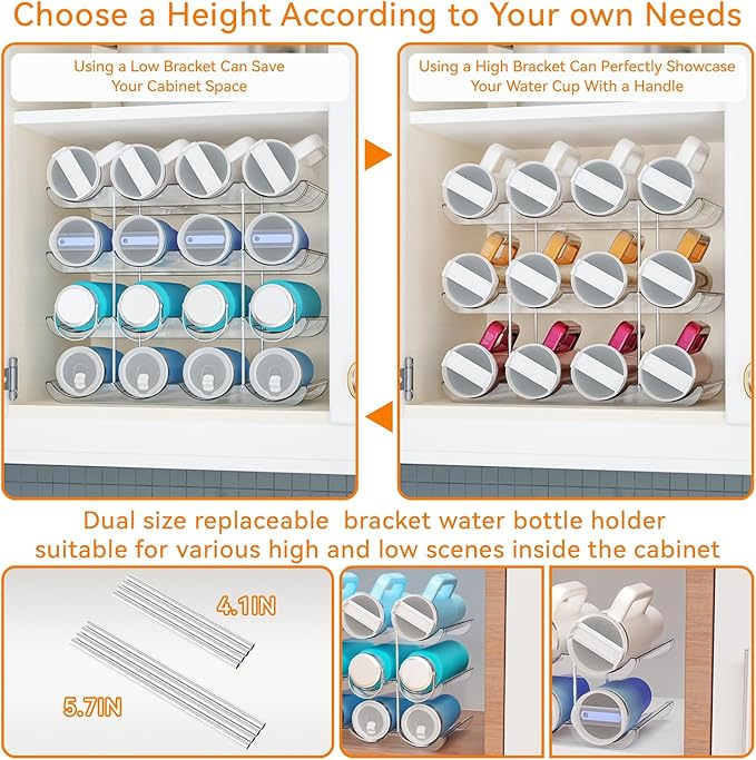 4 Tier Stackable Water Bottle Organizer for 40 oz Stanley Cup,Yeti and Other Tumbler Organizer,Larger Compartment Stanley Cup Holder,Wine Rack and Waterbottle Holder for Kitchen Cabinets,Countertop