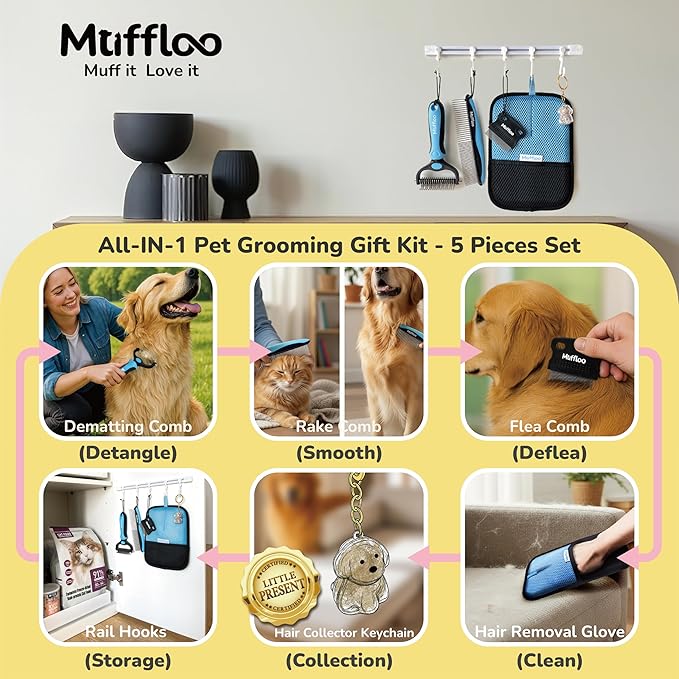 Pet Hair Removal Glove & Dematting Brush Gift Set: 6 Tools for Dogs and Cats- Pet Hair Removal Tool, Undercoat Rake, Grooming Rake, Dog Hair Keychain- for Golden Retrievers & Long Hair- for Car & Rug