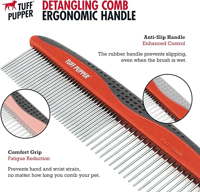 Tuff Pupper Dog Grooming Comb Set | Easily & Safely Remove Matted Knotted Hair | Ergonomic Pet Detangling Combs | No-Slip Safety Handle | Rounded Tips Prevent Scratching | For Poodles & Curly Hair