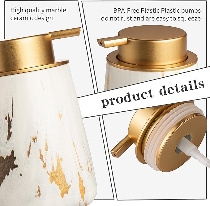 Enra Ceramic Gold Foaming Soap Dispenser,12 oz Marble Foam soap Dispenser Bathroom Refillable Hand Soap Dispenser for Bathroom Kitchen with Easy-to-Press Pump (Glod Foam Type)