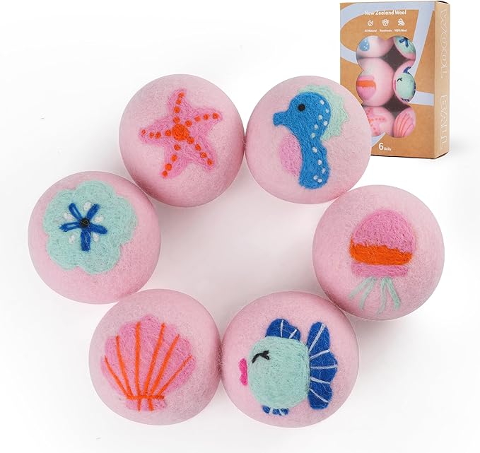 Wool Dryer Balls XL Size 6 Pack - Fun Dryer Balls with Ocean Pattern Cute Dryer Balls Laundry Reusable Anti Static Handmade New Zealand Wool Balls (Cute Ocean Pattern)