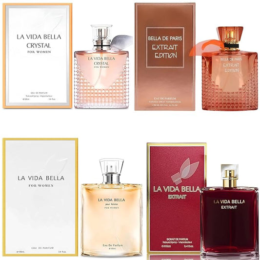 La Vida Bella 4PCS Perfume Set for Women - Floral Fragrance Gift Set with Vanilla,Sweet Fruity, Powdery, Woody&Musky | 3.4 Fl Oz Each Eau De Pafume