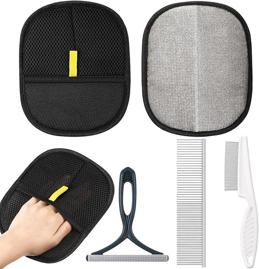 5 Pcs Pet Hair Removal Tool for Dogs & Cats, Newly Upgraded Reusable Electrostatic Pet Hair Gloves, Dog Cat Flea Comb, Pets Hairs Remover Tool, Pets Grooming Comb Kit for Couch, Carpet, Car Seat