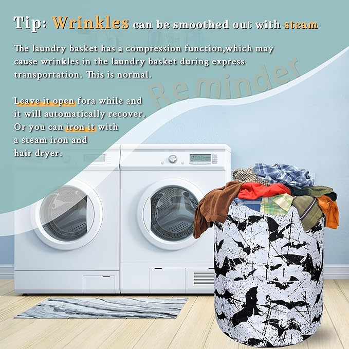 Black White Bats Laundry Basket Foldable With Handles Universal Tote Bag Oxford Cloth Funny Laundry Hamper 18.9" x 16.5" Clothes Storage Bucket Toy Organizer For Bathroom/Laundry/Bedroom