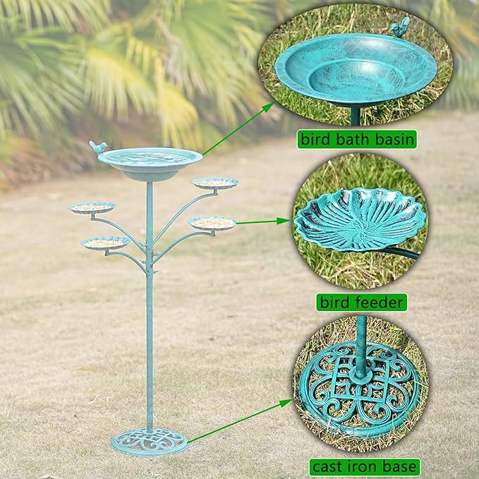 35 "H Cast Iron Base Bird Bath for Outside, Metal Bird Feeding Bowl Tray, Metal Bird Bath Garden Patio Decor(Green)