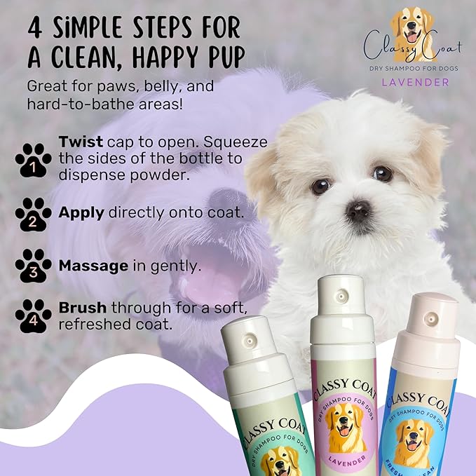 Dry Shampoo & Coat Deodorizer for Dogs (Lavender) | Waterless No-Rinse Squeeze Bottle Powder Formula | Calming Lavender Scent | Talc and Alcohol Free | Safe for Sensitive Skin | Made in USA
