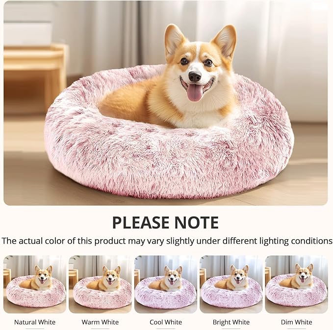 JOLLYVOGUE Medium Calming Dog Bed, Anti-Anxiety Donut Cuddler Cat Bed with Anti-Slip Bottom, Fluffy Faux Fur Machine Washable Pet Cushion for Medium Dog & Cat, 27"/Smoke Pink