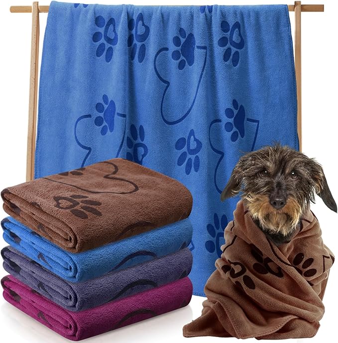 4 Pcs Dog Bath Towels Microfiber Drying Dog Towel Absorbent Pet Heart Paw Towels for Medium Dogs Puppy Cats Pets Shower(Gray, Brown, Blue, Wind Red)