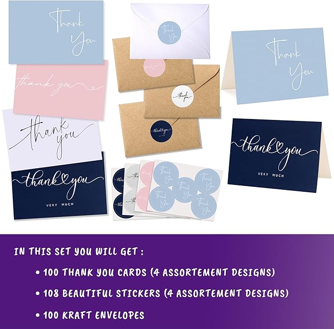 100 Multicolored Thank You Cards with Kraft Envelopes and Stickers - 4 Modern Designs for Wedding, Graduation, Business, Baby Shower