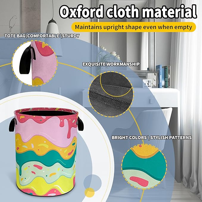 Ice Cream Laundry Basket Desserts Cartoon Pattern Foldable Oxford Cloth Funny Tote Bag Laundry Hamper Clothes Storage Bucket Toy Organizer For Bathroom/Laundry Storage/Bedroom18.9x16.5 In