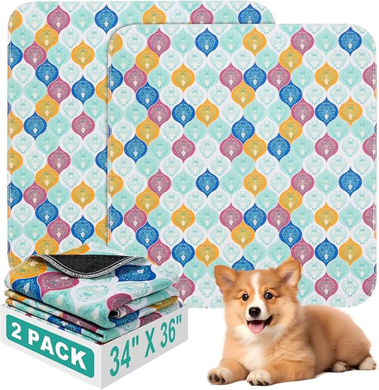 Washable Pee Pads for Dogs, Stylish Absorbent Reusable Training Dog Pads, Non-Slip and Leak-Proof Puppy Pads, Potty Pads for Crates, Whelping, Playpen, Bed and Floors, Bohemian Pattern 2 Pack 34" x36"