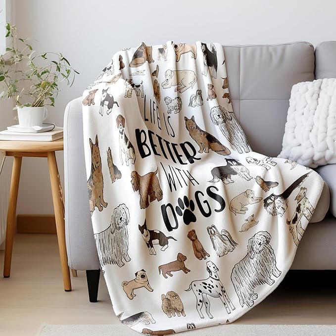 HIWX Dog Blanket, Dogs Blankets, Dog Lover Mom Gifts for Women Owner Lovers, Puppy Mom Blanket, Puppy Throw Blankets, Life is Better with Dogs Themed Throw Blanket for Bed Couch, 50x60 Inches