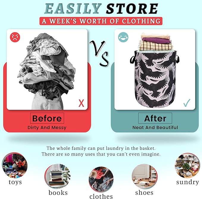 Black Birds With Feathers Laundry Hamper With Handles Foldable Oxford Cloth Goth Style Tote Bag Funny Laundry Basket Clothes Toy Storage Bucket 18.9"x16.5" For Bathroom/Laundry/Bedroom