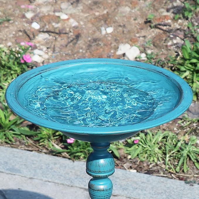 26.6”H×12.3" W Cast Iron Pedestal Bird Bath，Metal Birdbaths Bird Feeder Seed Tray for Garden Yard Decor -Blue.