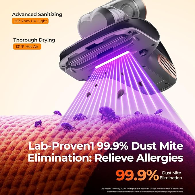 JIGOO Mattress Vacuum Cleaner with UV-C Light, Bed Vacuum Cleaner with Dust Sensor, Ultrasonic and High Heating, Deep Cleaning Bed Vacuum for Sofa Bed Fabric Surface (S100 Cordless)