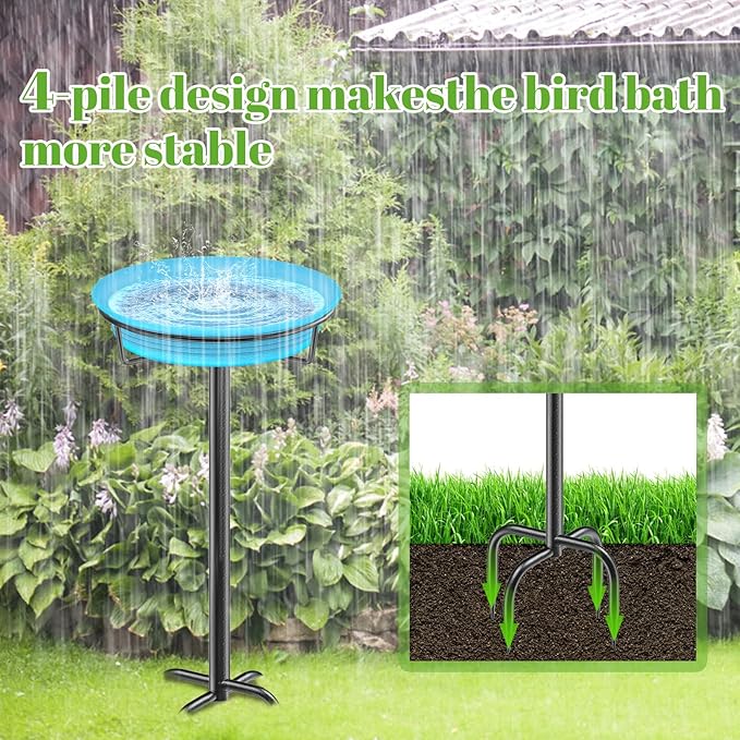 35.5In Freestanding Birdbaths Bowl Outdoor, Free Standing Garden Bird Bath Bird Feeder Bowl with Metal Stake, Detachable Decoration Spa Birdfeeder for Garden Patio Yard Lawn, 4 Spiky Feet (Blue)