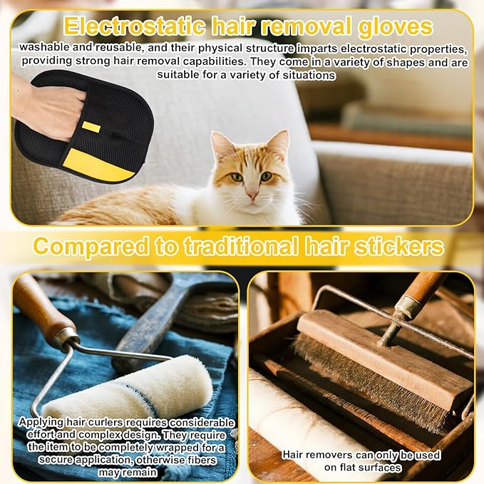 2pcs Pet Hair Grooming Removal Gloves, Reusable Electrostatic Pets Puppy Cat Dog Hair Fur Remover Gloves Easy Cleaning Shedding Brushes for Furniture Carpet Couch Car Seat