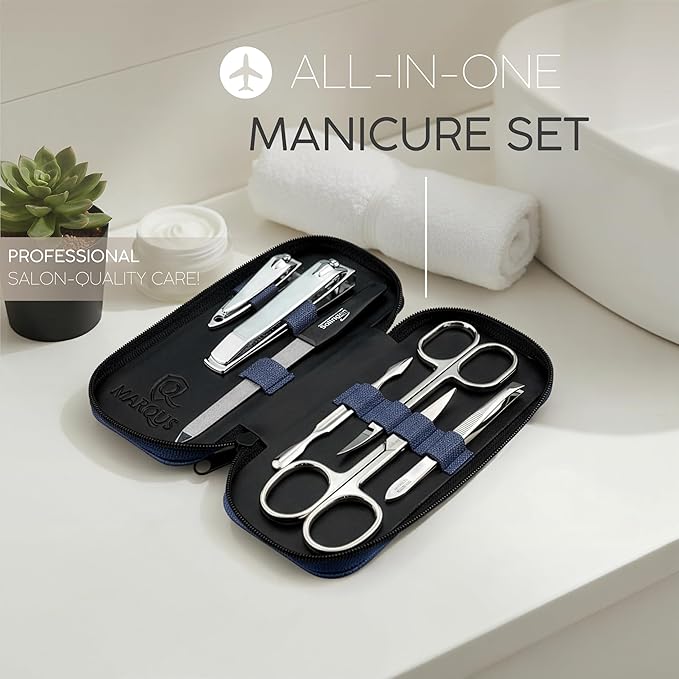 Manicure Set Solingen Made in Germany - 7 Piece Exclusive Finger & Toe Nail Clippers Kit for Women and Men in Vegan Leather Case, Color Jeans