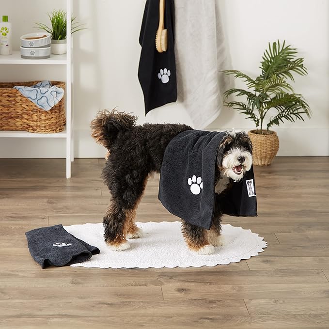 Bone Dry Pet Grooming Towel Collection Embroidered Absorbent Microfiber Drying Set, 15x30, Black, 3 Count