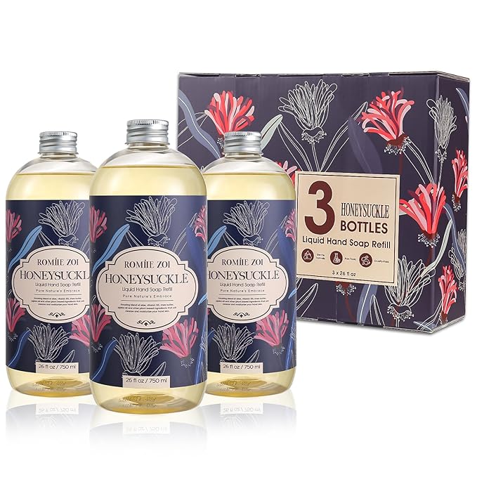ROMIIE ZOI Liquid Hand Soap Refill Gift Set – Honeysuckle Scent, 3 Pack (26 Fl Oz Each), Cruelty-Free, Biodegradable & Gentle Formula for Sensitive Skin, Kitchen, Bathroom & Dispenser