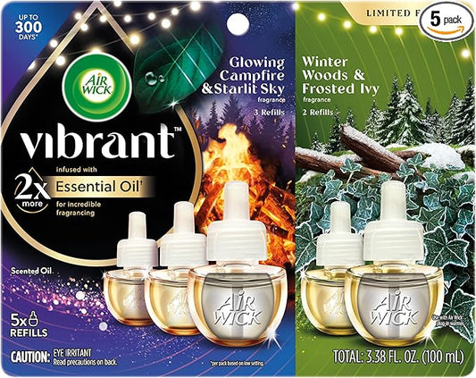 Air Wick Plug In Vibrant Scented Oil, Campfire + Winter Woods, Air Fresheners for Home Long Lasting,Home Room Fresheners,Air Freshener Plug In, House Essentials for Small Spaces + Large Spaces,5 ct