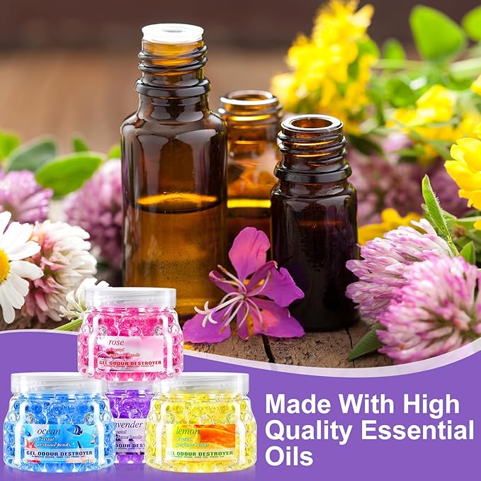 4 Pack Odor Eliminator Gel Beads, 11 Ounce Air Freshener, Eliminates Odor in Bathrooms, Cars, Boats, Rvs and Pet Areas, Lemon, Sea, Rose, Lavender Aroma(Lemon, Sea, Rose, Lavender Aroma)