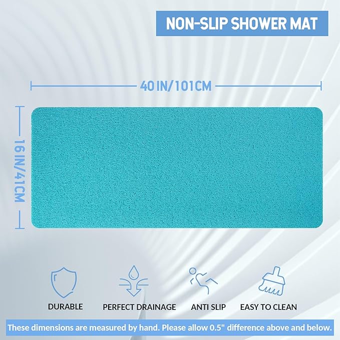 Non-Slip Bathtub Mat, Anti Slip Shower Mat, Fast Drying Bathtub Mats, Foot Scrubber Mat, Anti Slip Mat for Tub, Floor, Bathroom, Kitchen, Home, Hotel (Turquoise Blue 40"×16")