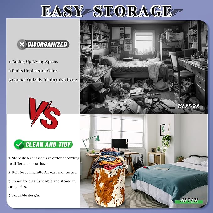 Vintage Cows Pattern Laundry Basket Foldable Cow Brown Cowhide Laundry Hamper With Handle Oxford Cloth Clothes Storage Organizer Basket 18.9"x16.5" Laundry Bag For Laundry Room/Bedroom/Bathrooms