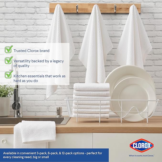 CLOROX Ribbed Bar Mops - 100% Cotton Quick Dry Extra Large Dishcloths - Absorbent Multipurpose Cleaning Cloths for Restaurants, Kitchen, Bathroom, Hotel - 16" x 19" - White 12 Pack