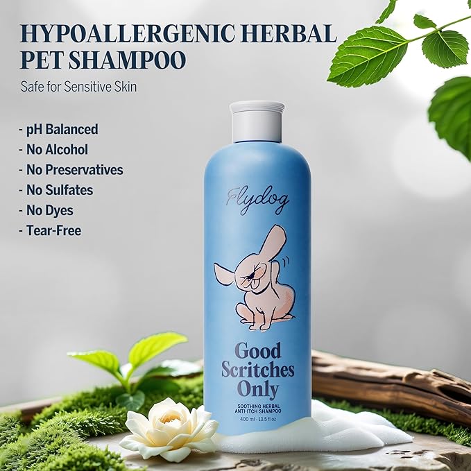 FLYDOG Dog Shampoo Itchy Skin Relief - Honeysuckle Anti Itch Dog Shampoo for Dogs with Sensitive Skin, Hypoallergenic Pet Shampoo for Controls Flaking & Odors, Reduces Shedding(400ml+Brush)