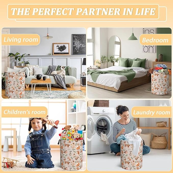 Forest Little Animal Laundry Hamper Bag, Deer Squirrel Hedgehog Fox Round Laundry Basket Foldable Clothes Storage Organizer For Bathroom Bedroom Nursery Dorm, M-19.6"X 15.7"