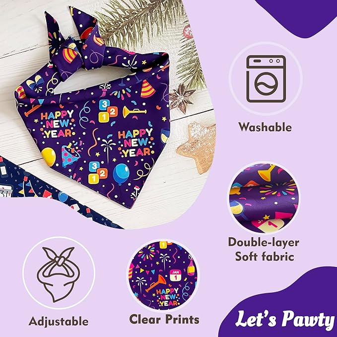 Happy New Year Dog Bandanas - 2 Pack Reversible Holiday Dog Scarf for Boy and Girl, Premium Durable Fabric, Bandana for Small and Medium Dogs (Small)