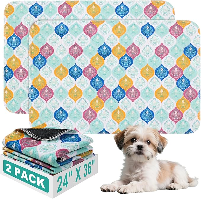 Washable Pee Pads for Dogs, Stylish Absorbent Reusable Training Dog Pads, Non-Slip and Leak-Proof Puppy Pads, Potty Pads for Crates, Whelping, Playpen, Bed and Floors, Bohemian Pattern 2 Pack 24" x36"