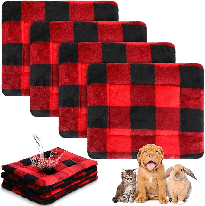 Haull 4 Pcs Waterproof Guinea Pig Bedding Winter Guinea Pig Bed Plush Cage Liners Soft Dog Cat Mat Reversible Winter Cozy Animal Pee Pad Hamster Bed Mat for Bunny(Red Black Plaid,13 x 18.5 Inch)