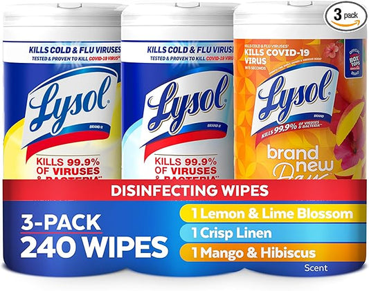 Lysol Disinfectant Wipes Bundle, Dorm Room Essentials, Multi-Surface Cleaning Wipes, For Disinfecting & Cleaning, Lemon & Lime Blossom, Crisp Linen, Mango & Hibiscus, 3x80 ct
