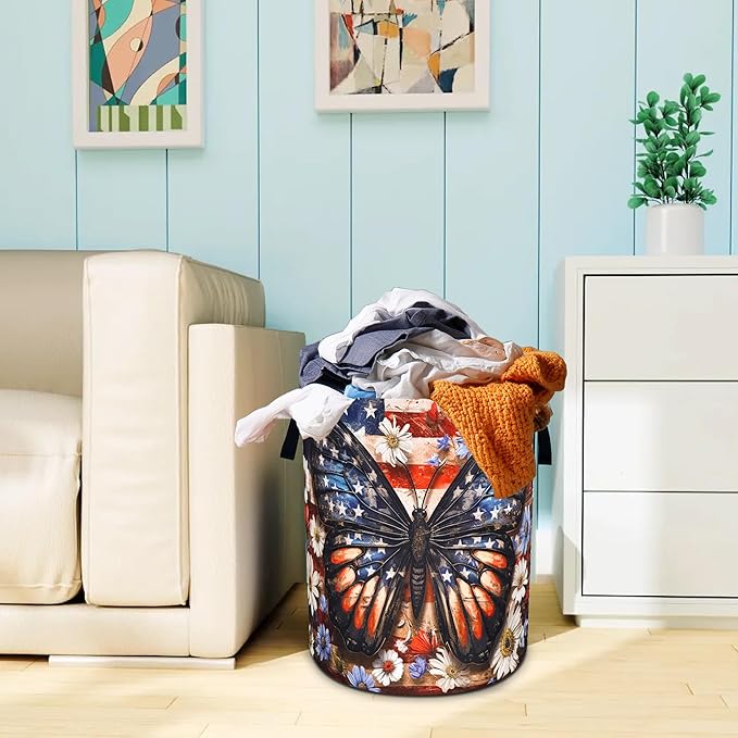 American Flag Butterfly Laundry Basket Daisy Flowers Oxford Cloth Laundry Hamper With Handle Foldable Portable Clothes Storage Basket 18.9 X 16.5 Inch Storage Bag For Laundry Room/Bathroom/Bedroom