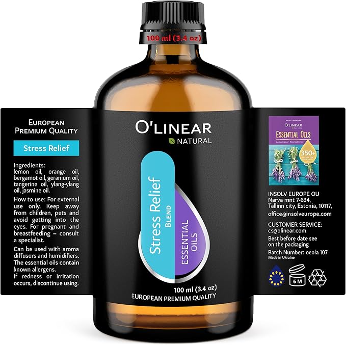 O’Linear Stress Relief Essential Oil Blends - Calming Essential Oil for Diffuser - Aromatherapy Relaxing Blend Oil - Essential Oils for Air Purifier 3.4 oz (100ml)