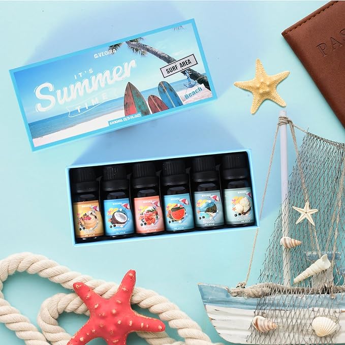 Summer Fragrance Oils Set, AVEOIRA Beach Essential Oil Set for Diffuser, Candle, Soap Making Scented Oils, Pina Colada, Strawberry Lemonade, Watermelon, Vanilla Ice Cream, Coconut, Ocean Breeze