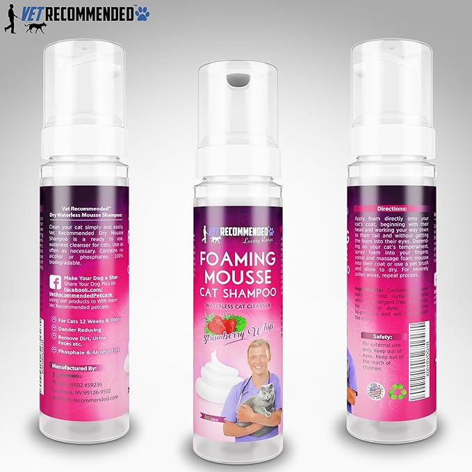 Vet Recommended Waterless Cat Shampoo Foaming Mouse - Strawberry Patch Scent (8 Oz/240 ml). for Sensitive Skin, Detergent and Alcohol Free. Helps in Cleaning, Conditioning & Moisturizing. Made in USA