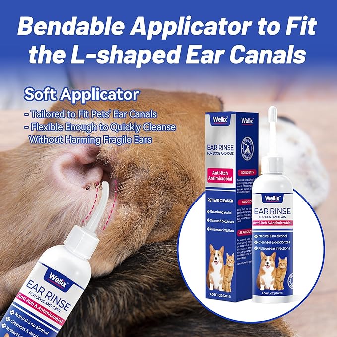 Wellix 120ml Ear Cleaner for Dog & Cat - Ear Infection Treatment Without Irritation - Dog Ear Wash for Itch Relief & Soothing Inflammation - Ear Wax, Powder and Odor Removal Drops