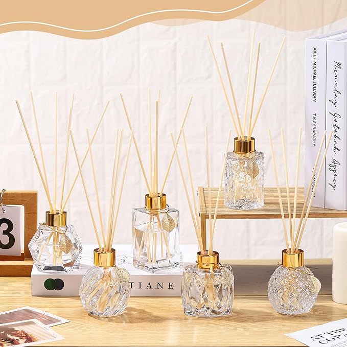 6 Pcs Reed Diffuser Gift Set Empty Reed Diffuser Bottle and 30 Pcs Sticks with Metallic Leaves Decoration Funnels 3.4 oz Fragrance Glass Prismatic Bottles for Essential Oil DIY Home Office, 6 Styles