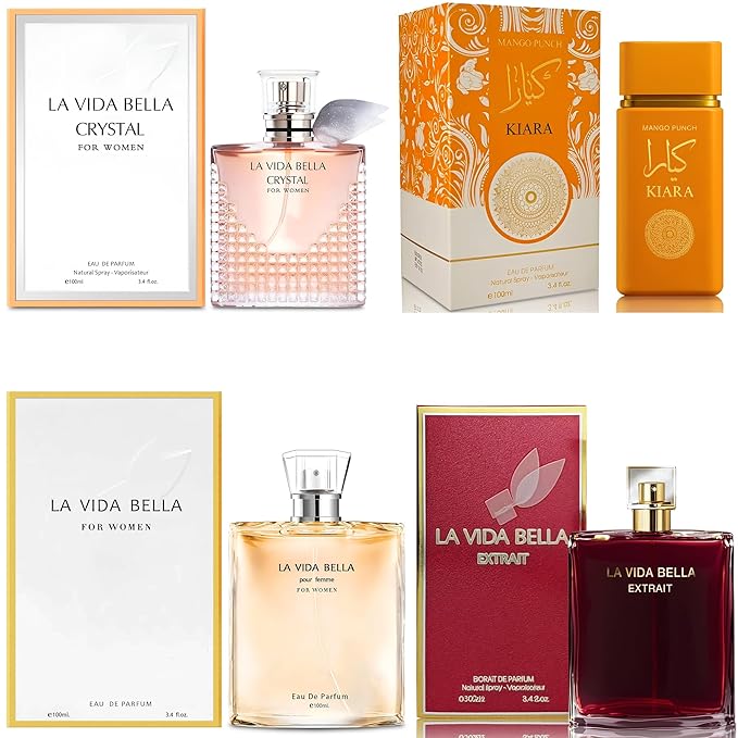 4PCS Perfume Set for Women - Floral Fragrance Gift Set with Vanilla,Sweet Fruity Eau De Parfume 3.4 Fl Oz Each(La Vida Bella,La Vida Bella Crystal,La Vida Bella Ext,Ka Mango Punch)