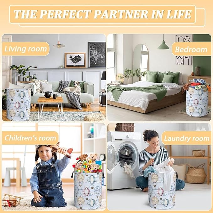 Watercolor Hot Air Balloons And Clouds Laundry Hamper Bag With Waterproof Liner - Round Laundry Basket Foldable Clothes Storage Organizer For Bathroom Bedroom Nursery Dorm, M-19.6"X 15.7"