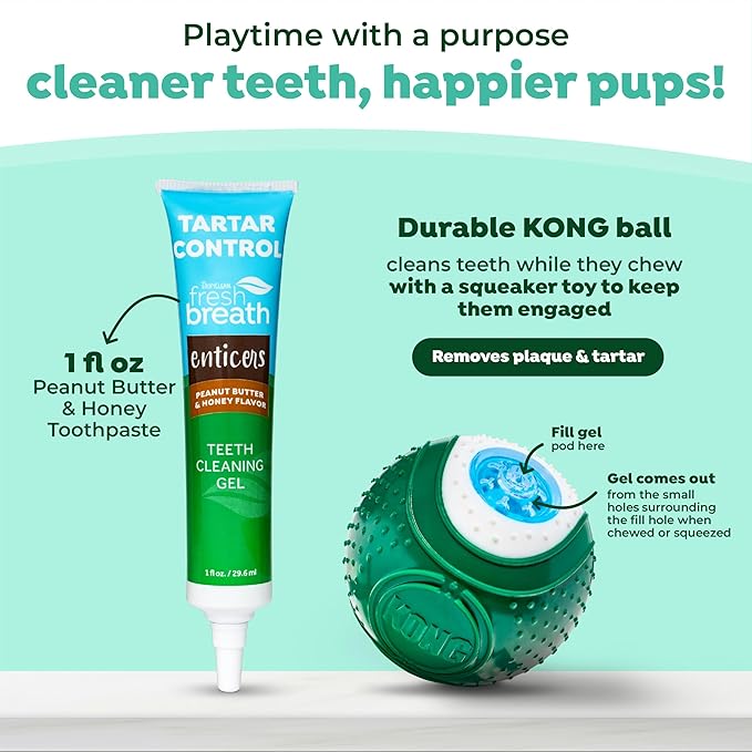 TropiClean Fresh Breath - Kong Dental Ball for Medium Dogs - Dog Teeth Cleaning Kit - Removes Plaque - Peanut Butter & Honey Dog Toothpaste, 1oz