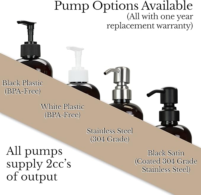 Amber PET Plastic Refillable Shampoo Pump Bottle Dispenser with 304 Grade Black Satin Stainless Steel Pump, 16 oz Bathroom Bottle with Chrome Accent Waterproof Label, Reusable Shower Container