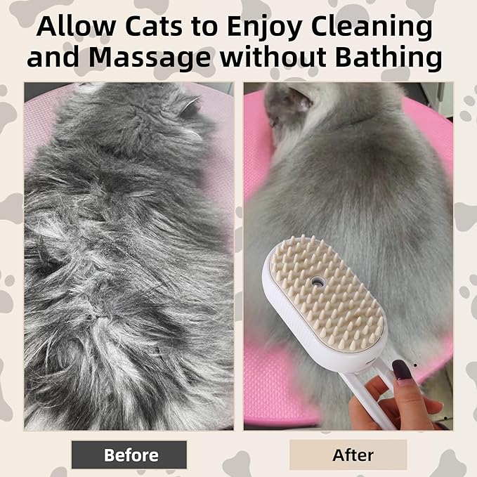 Cat Dog Hair Steam Brush: 4 in 1 Pet Grooming Tool Rechargeable Groomer Silicone Comb for Massage, Cleaning, Shedding and Combing, Anti-Static, 360° Portable Handle for Long or Short Hair Pet (White)